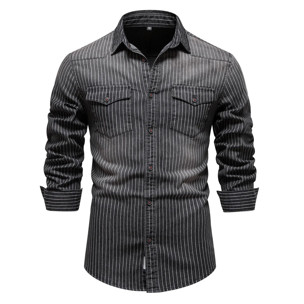 Men's Cotton Denim Shirts Striped Stretch Long Sleeve High Quality Jeans Shirts Casual Slim Cowboy Shirts For Men