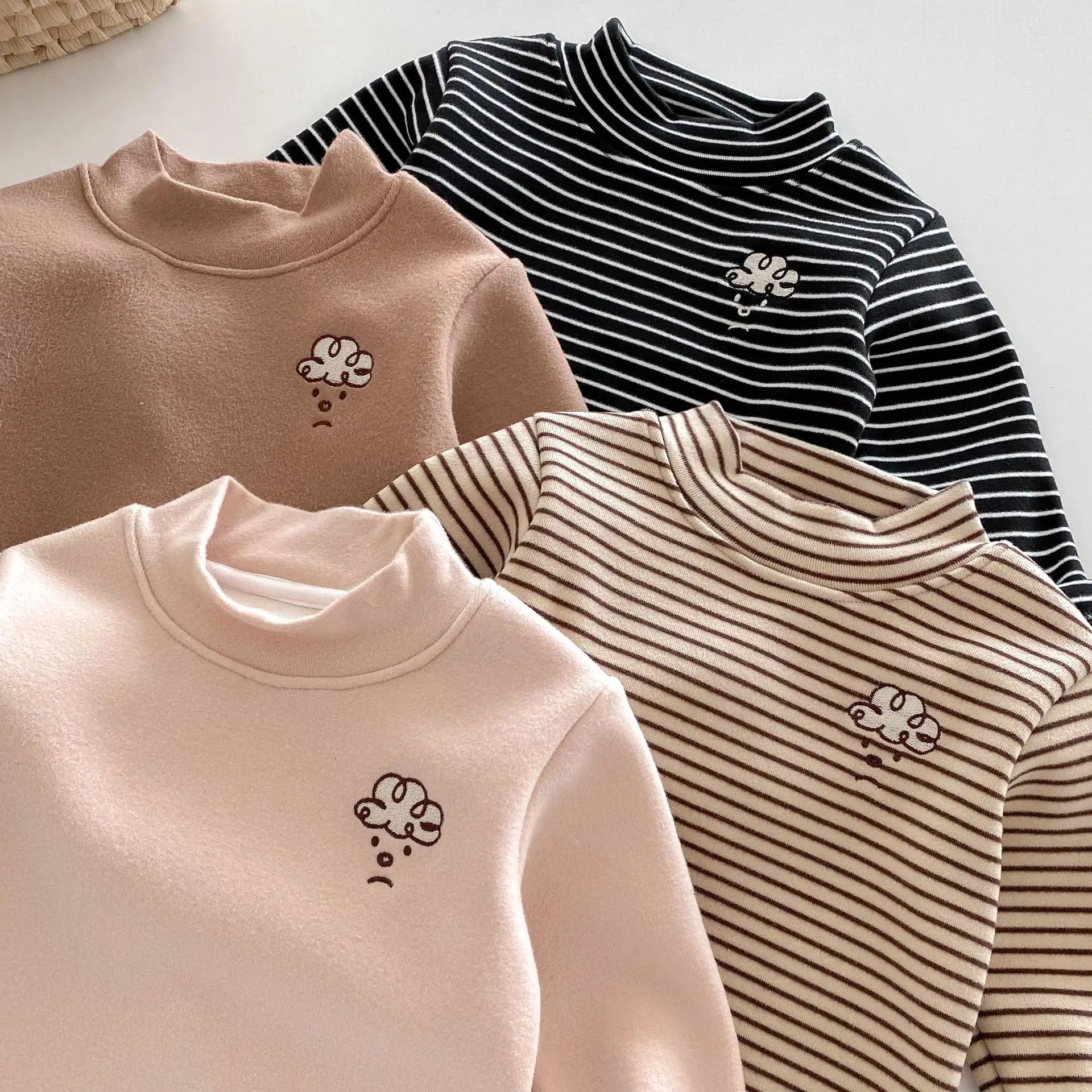 Herfst Kinder Basis Shirt Jongens Halve Turtleneck Warme Onderkant Tops Meisjes Bontvoering Geborduurde Gestreepte Blouse 0-5 Jaar Unisex