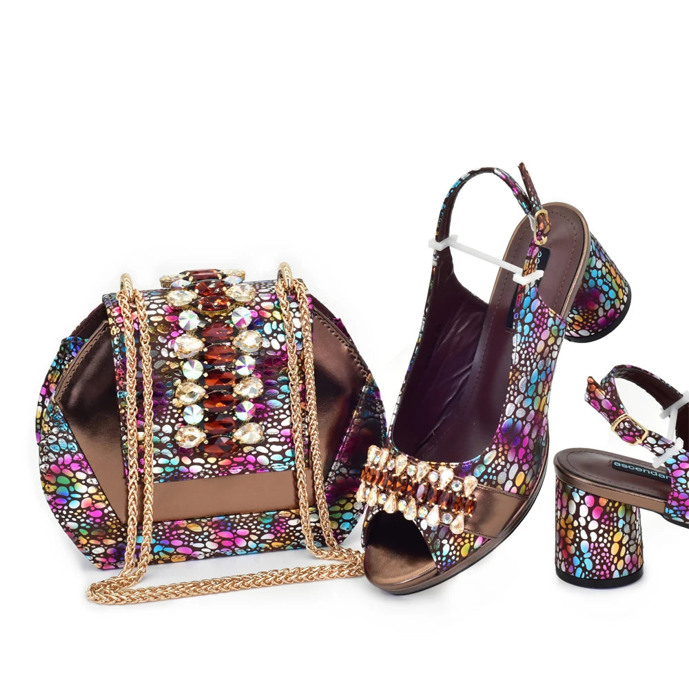 2025 Women Party Italian-Nigerian Shoe and Bag Set Decorated with Rhinestone Suitable for Wedding