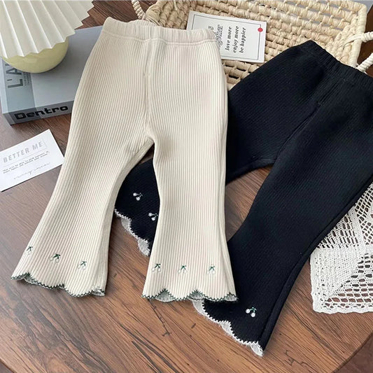 New Winter Girls Leggings Children Cute Embroidered Cherry Render Pants Kids Pit Strip Fleece Padded Bell-bottoms 4-6Y Girls