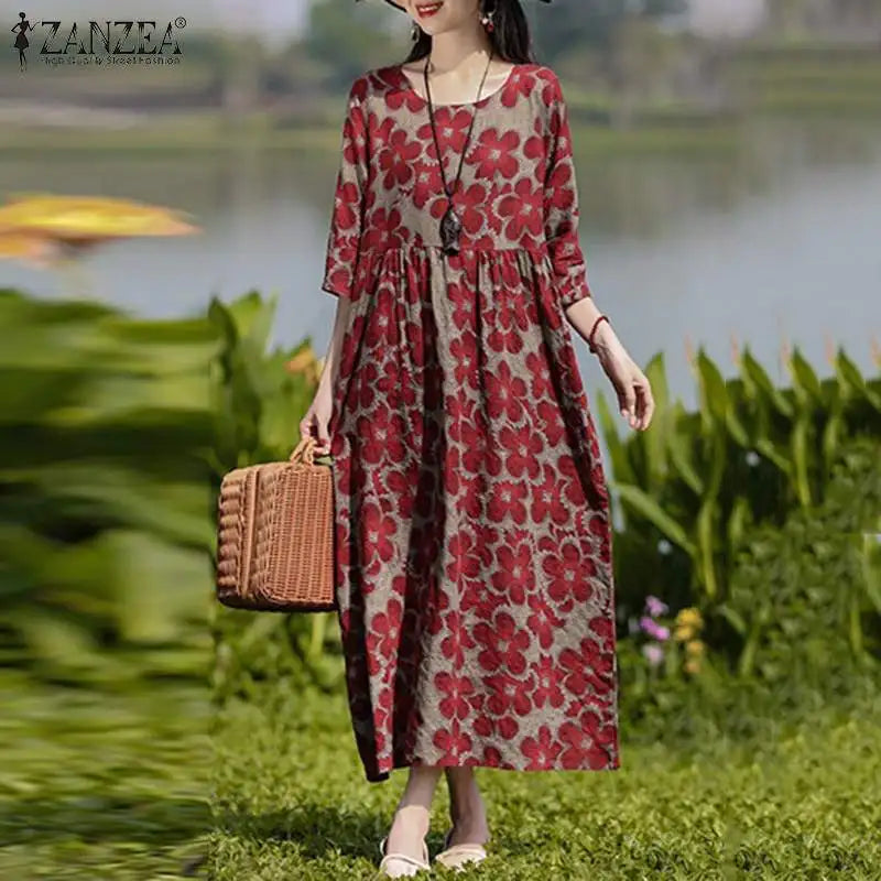 Bohemian Floral Printed Dress Autumn Long Sleeve O-Neck Maxi Robe Woman Casual Holiday Sundress Elegant Party Vestidos