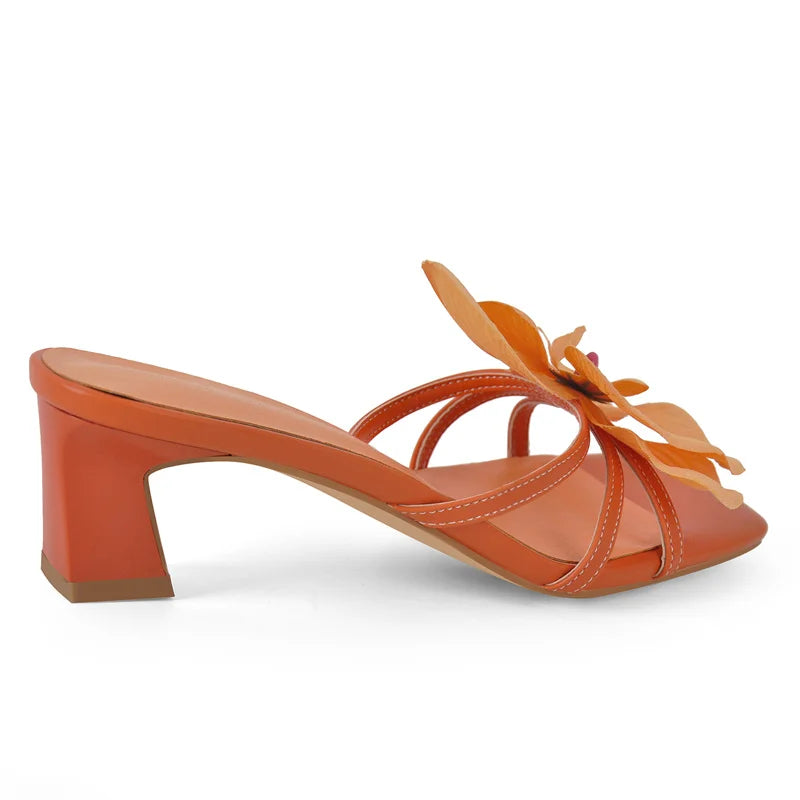 Women Square Toe Flower Mulesl Orchid Heels Slip On Thong 5CM Thin Heel Woman Sandals