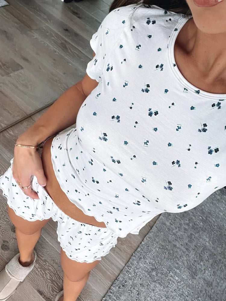 Floral Print 2 Piece Set Women o-Neck Short Sleeve T-Shirts+Folds Skinny Shorts Matching Casual Simple Ruffles Suits