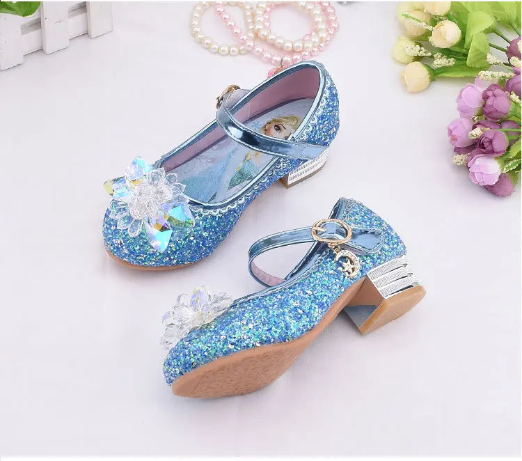 Frozen Elsa Princess Girls Leather Crystal Shoes Glitter Casual High Heels Girls Sandals Pink Blue Silver Elsa Shoes