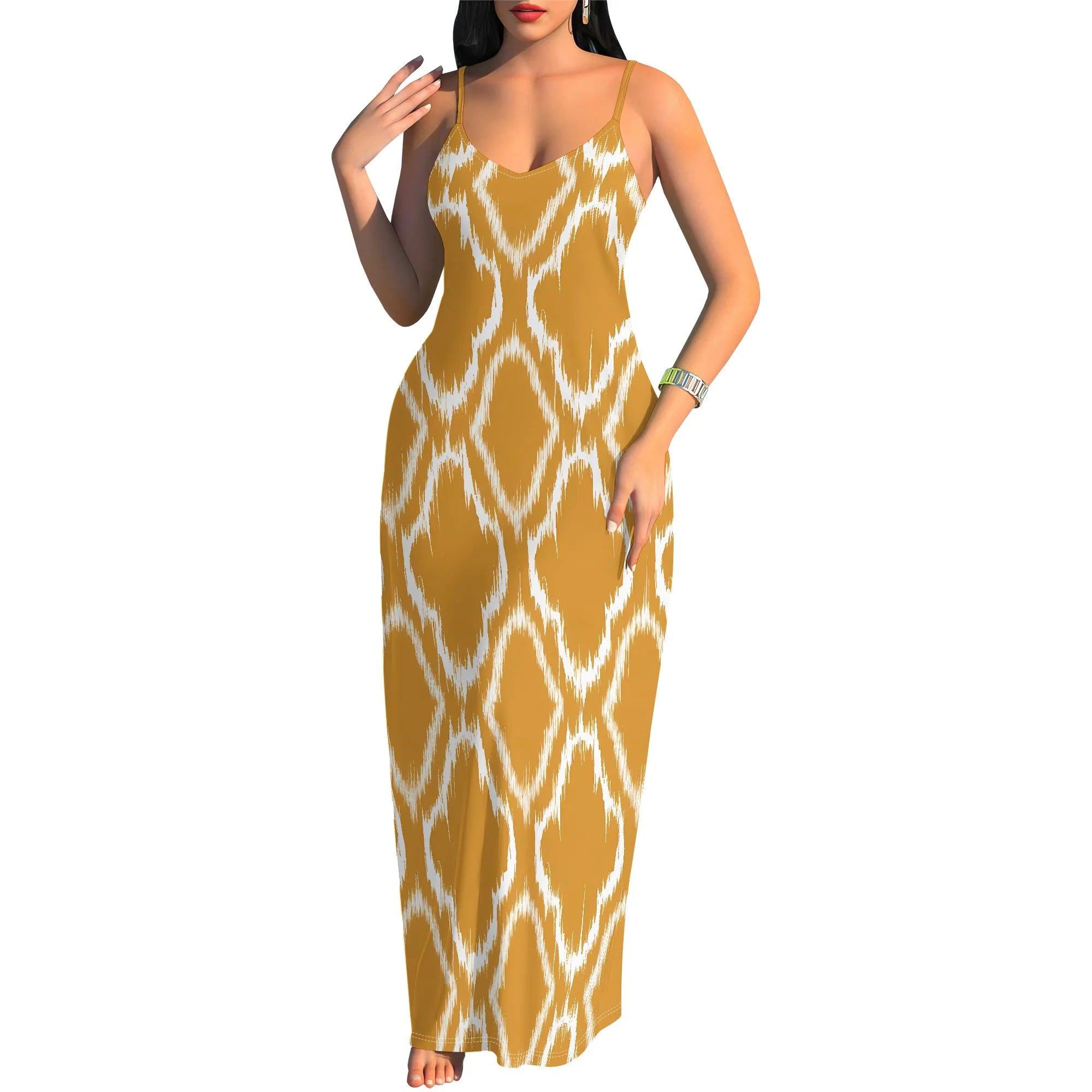 Yellow Ikat Print Sleeveless Maxi Dress for Women Summer Casual Slim Fit Beach Long Dress