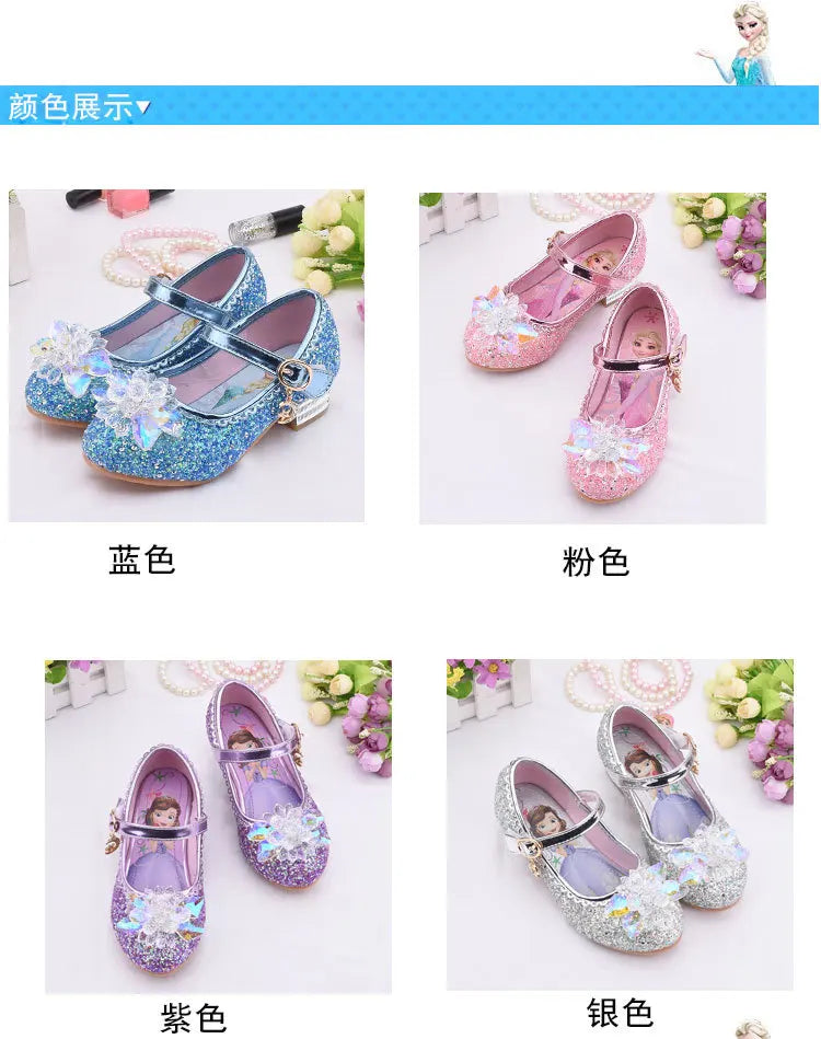 Frozen Elsa Princess Girls Leather Crystal Shoes Glitter Casual High Heels Girls Sandals Pink Blue Silver Elsa Shoes