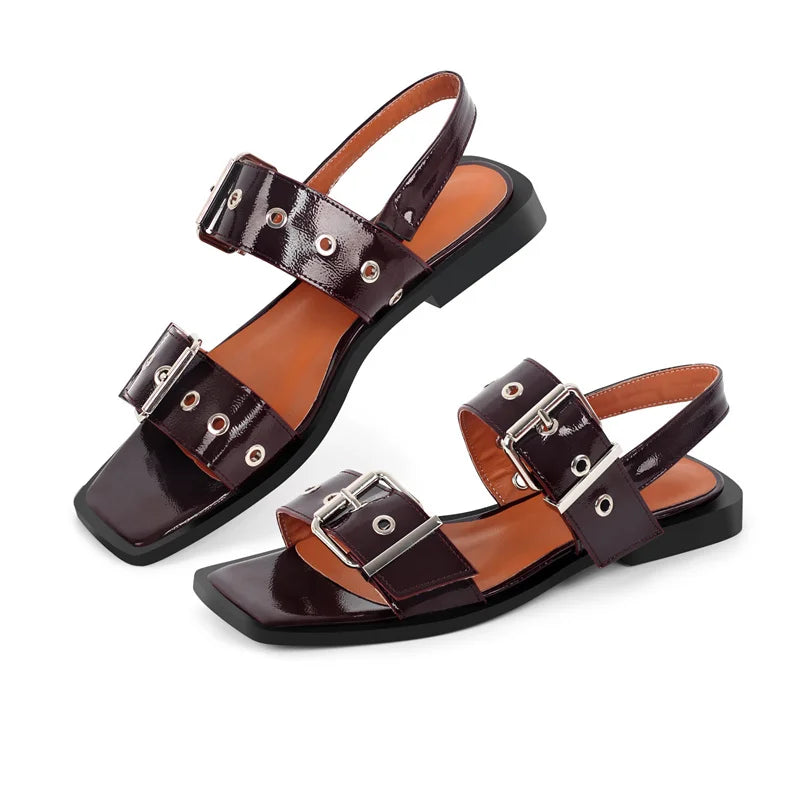 Women Square Toe Buckle Strap Flats Sandals Lady Big  Size Summer Punk Retro Mary Jane Slingbacks Sandals