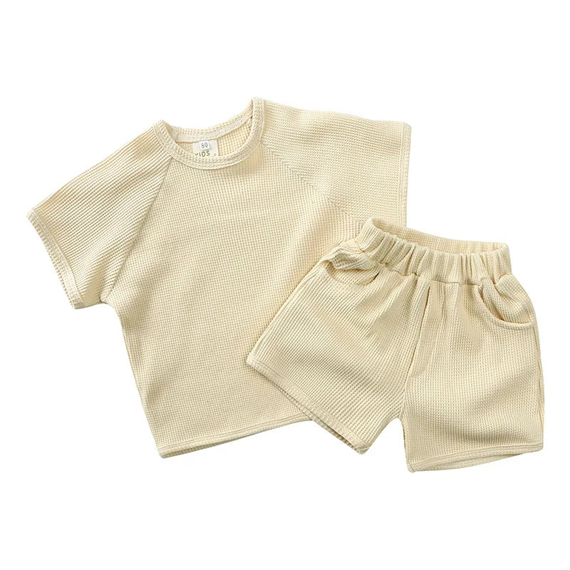 Kid's Summer Outwear Clothing Set Casual Boys Girls Waffle T-shirt Suit Children's 2PCS Tee And Shorts 1-6Y Unisex