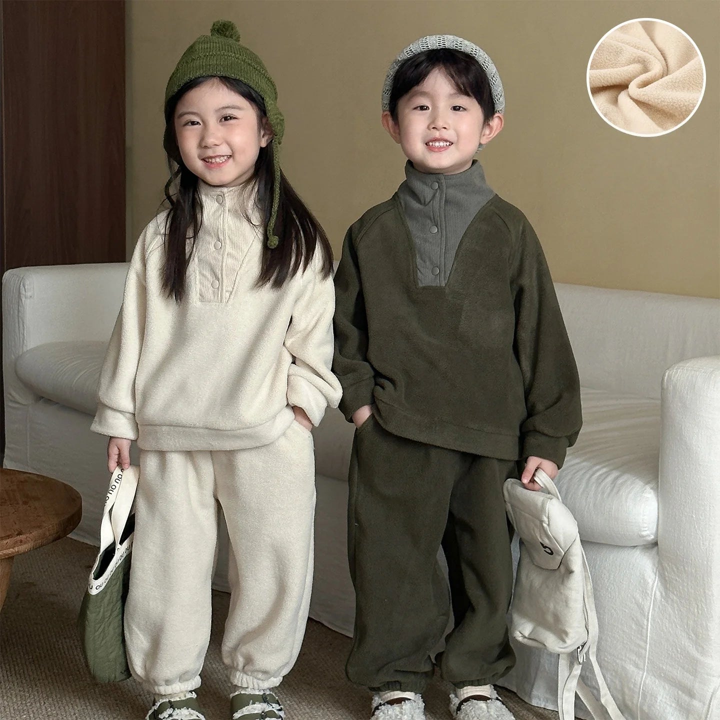 Unisex 2Pcs Autumn Winter Warm Clothing Set Fleece Hoodie and Pants Suit Turtleneck Double Fleece Kids Tracksuit