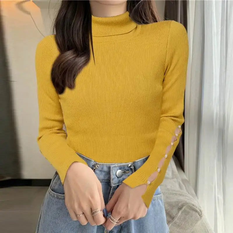Women Casual Turtleneck Ribbed Sweaters Korean Fashion Long Sleeve Solid Pullovers Autumn 2024 Chic Sleeve Slit Jumpers