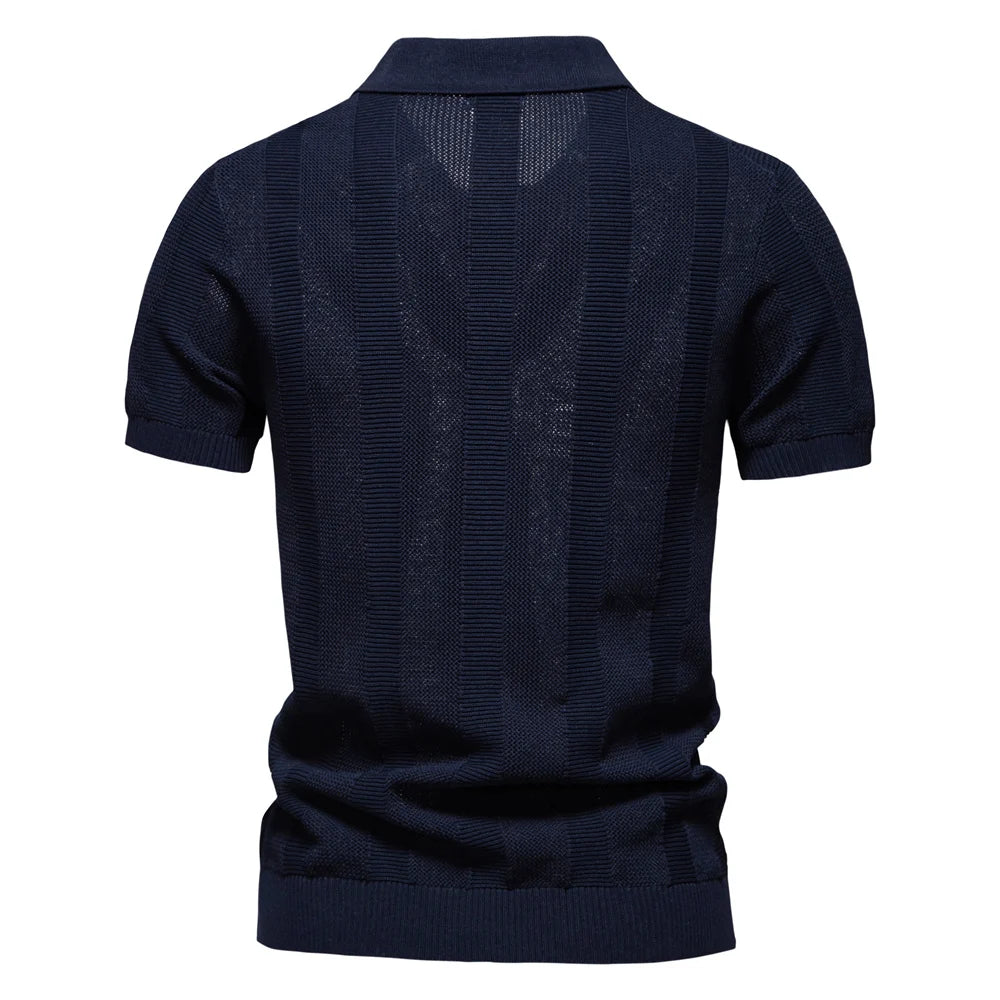 2025 Men's Solid & Striped Mesh Polo Shirt - Breathable Knit Casual Top with Turn-Down Collar