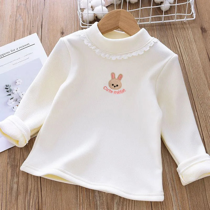 New Autumn Kids Fleece Padded Shirts Cute Embroidery Rabbit Girls Thicken Blouse Versatile Warm Children Lace Tops 1-9T Girls