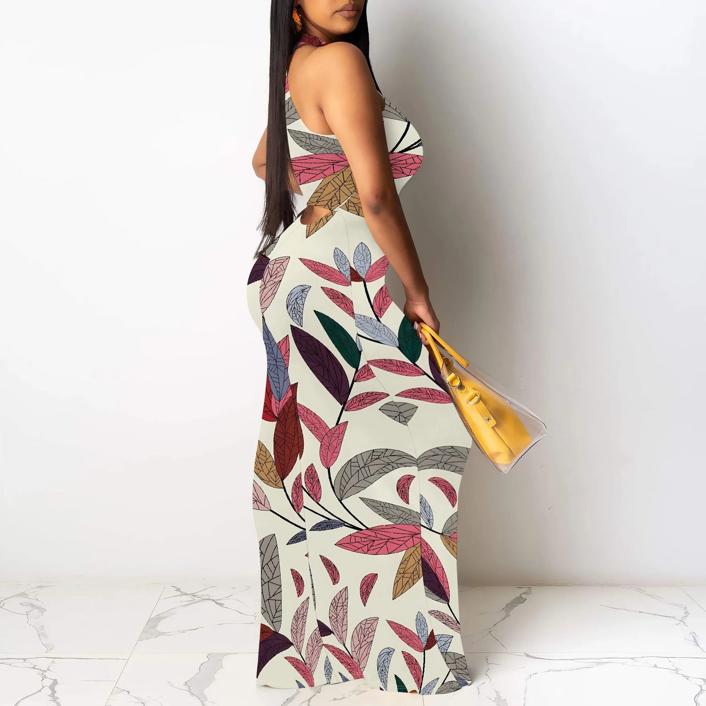 Vintage Leaf Print Halter Neck Maxi Dress for Women Elegant Slim Fit Sleeveless Summer Style