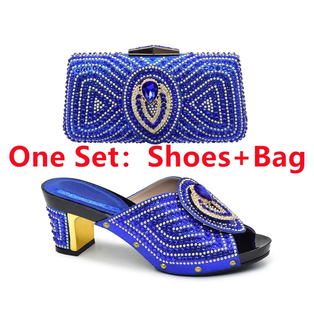 Italian Shoes with Matching Bags with Rhinestone Luxury Crystal Shoe Women Designers Nigerian Women Party Pumps with Purse