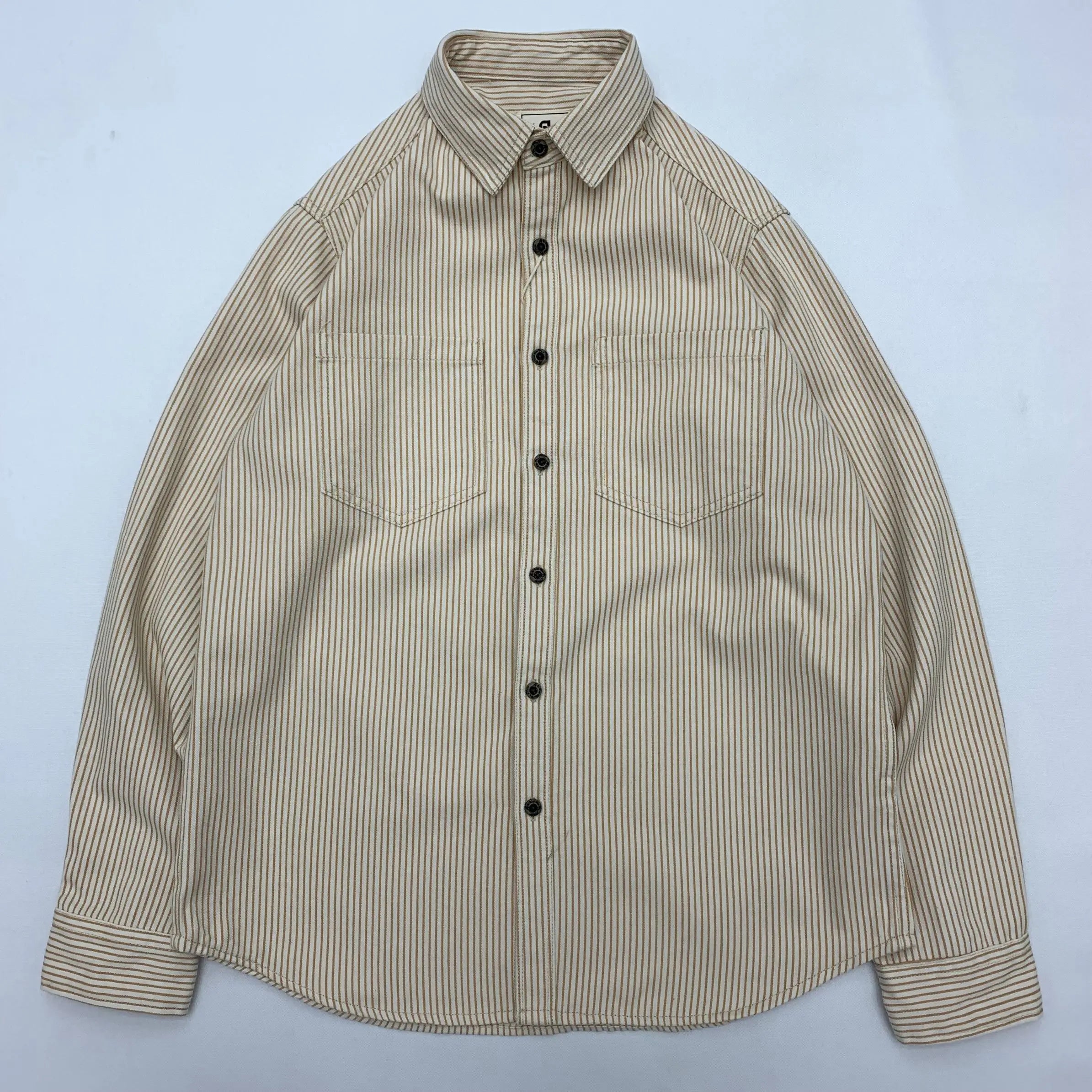 2025 Lente Nieuwe Japanse Retro Lange Mouw Revers Gestreepte Cargo Shirt Heren Amekaji 100% Katoen Gewassen Losse Dubbele Zakken Tops