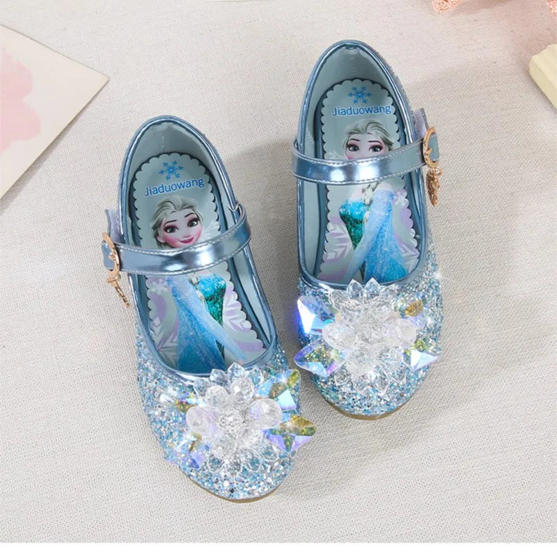 Frozen Elsa Princess Meisjes Leren Kristallen Schoenen Glitter Casual Hoge Hakken Meisjes Sandalen Roze Blauw Zilver Elsa Schoenen