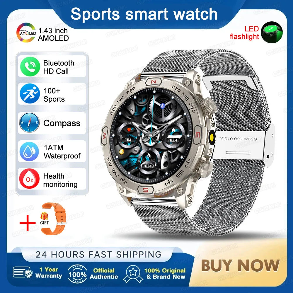 Outdoor Military Smart Watch Men Compass GPS Track Bluetooth Call IP68 Waterproof AMOLED Screen Smartwatch Compatible with Android IOS