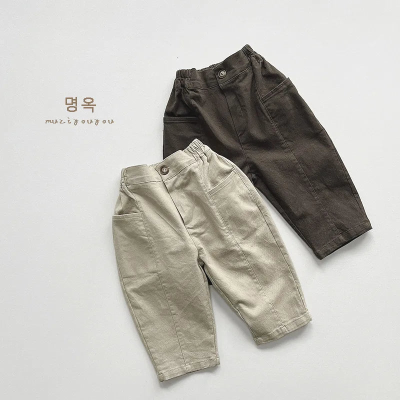 2025 Spring New Children Loose Trousers Toddler Pocket Casual Pants Infant Boys Girls Solid Versatile Harem Pants Kids Clothes Unisex