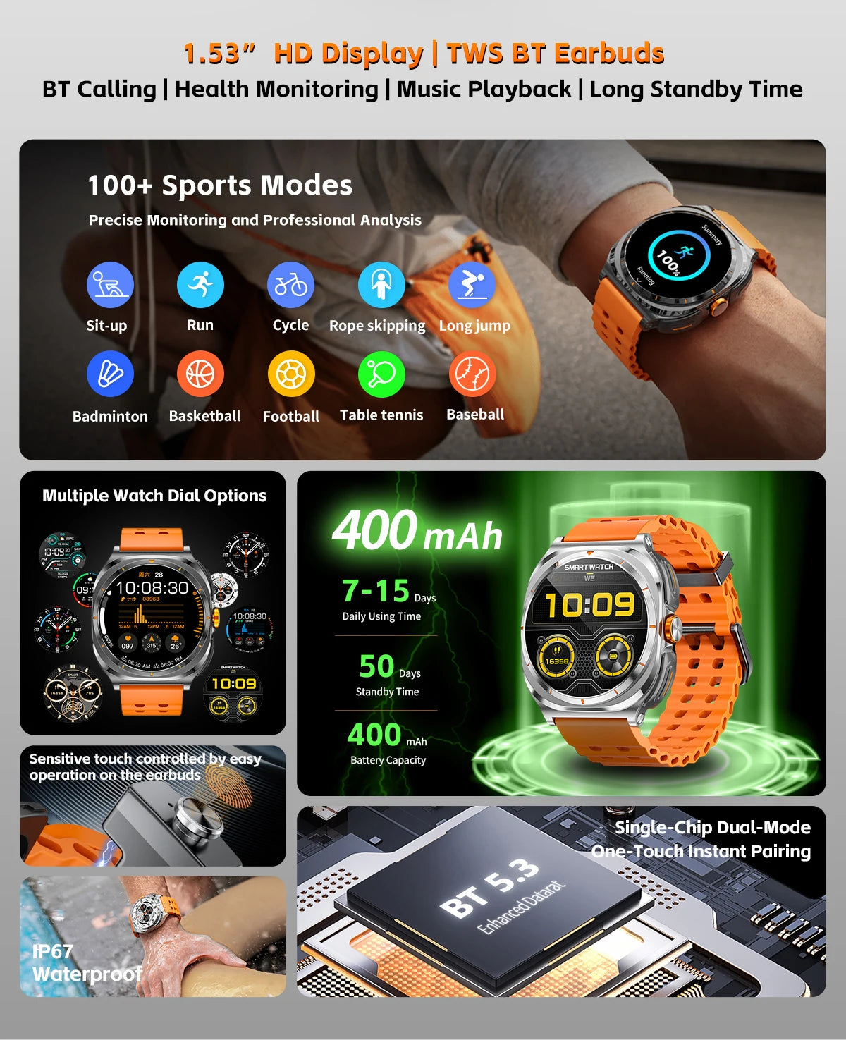 2025 Outdoor Sport Smartwatch AMOLED-scherm Hartslagmeter Waterdicht Bellen TWS Headset Smartwatch Voor Mannen - Compatibel met HUAWEI &amp; Samsung Galaxy IOS