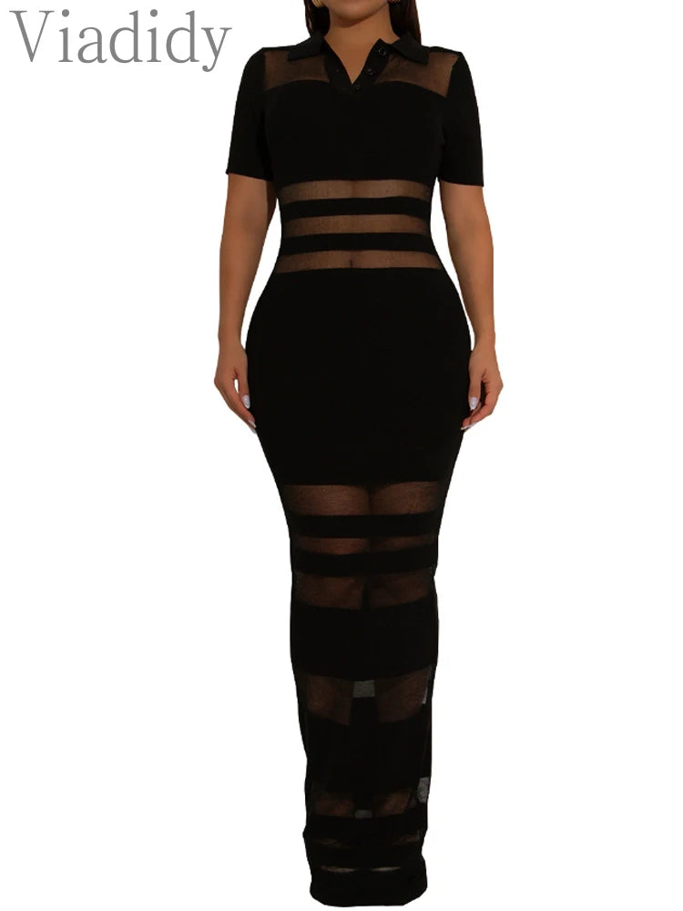 Sexy Women Turn Down Collar Short Sleeve Mesh Patchwork Striped Long Dress Vestidos