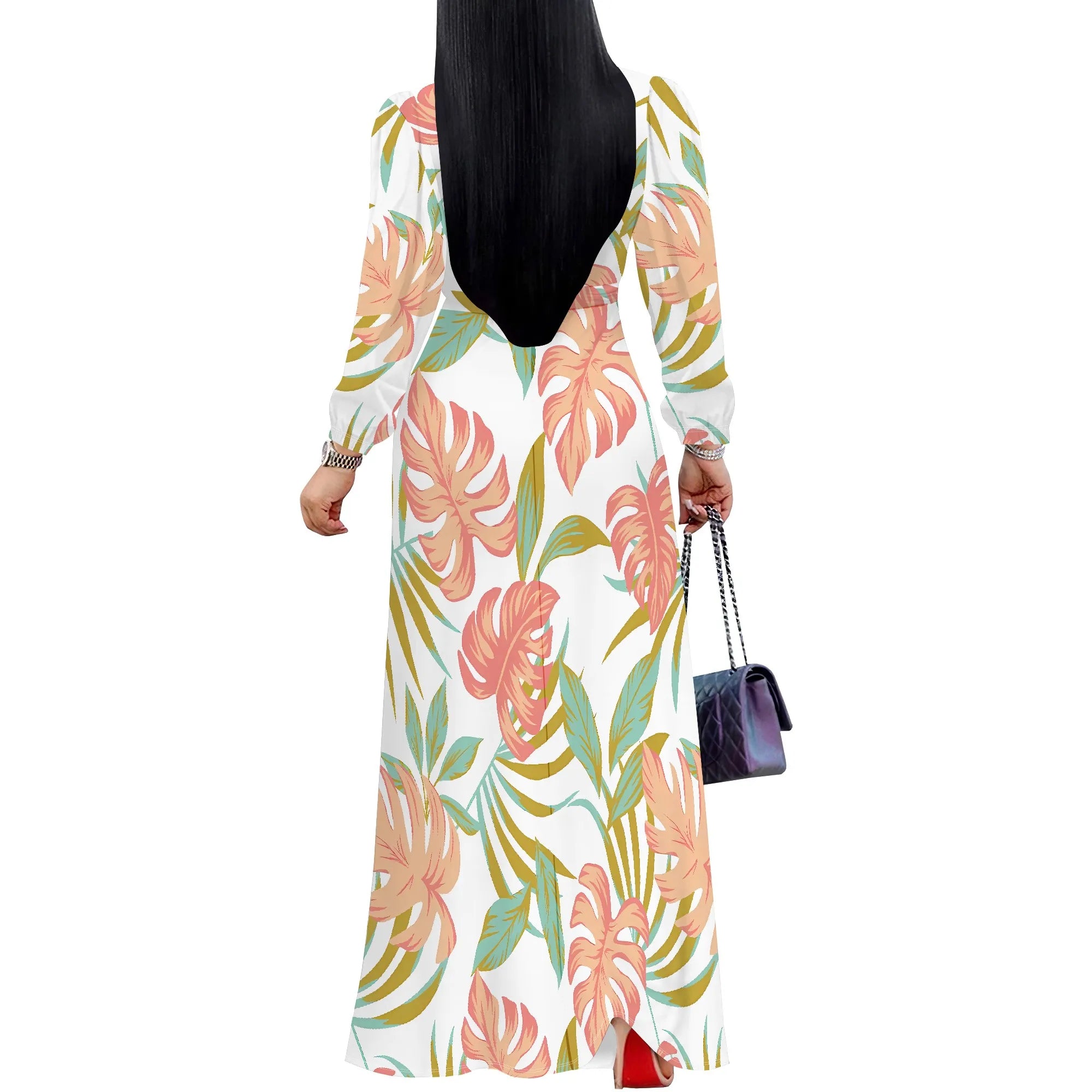 Standard Size Long Sleeve V Neck Maxi Dress White Tropical Leaf Print Casual Vacation Outfit