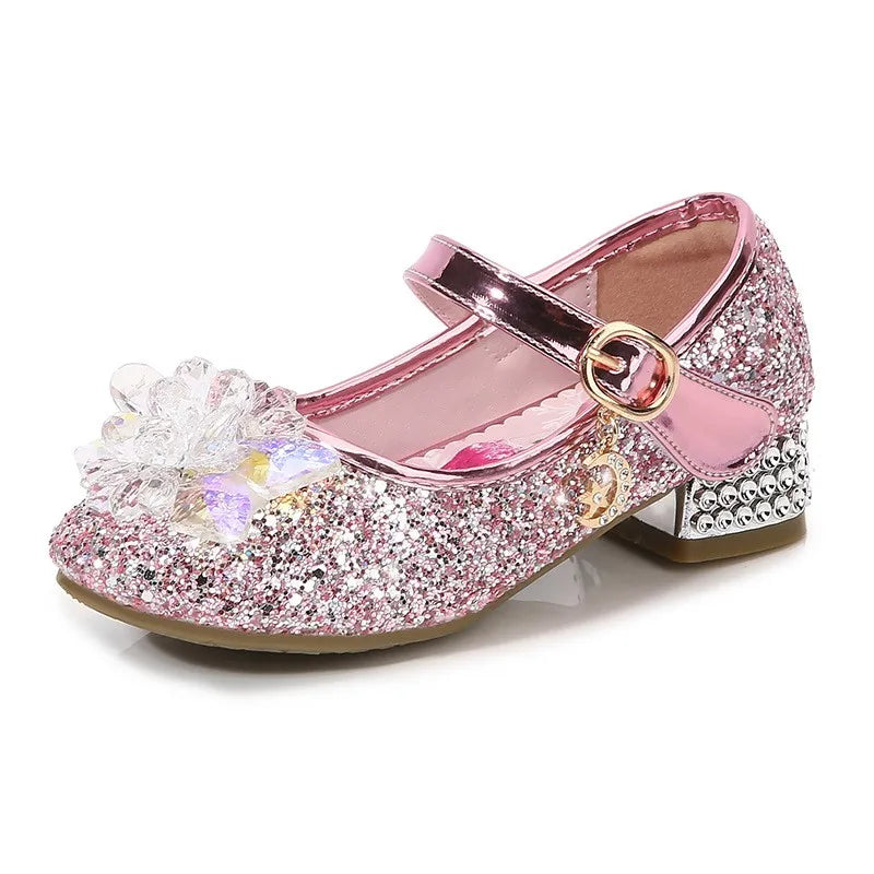 Frozen Elsa Princess Meisjes Leren Kristallen Schoenen Glitter Casual Hoge Hakken Meisjes Sandalen Roze Blauw Zilver Elsa Schoenen