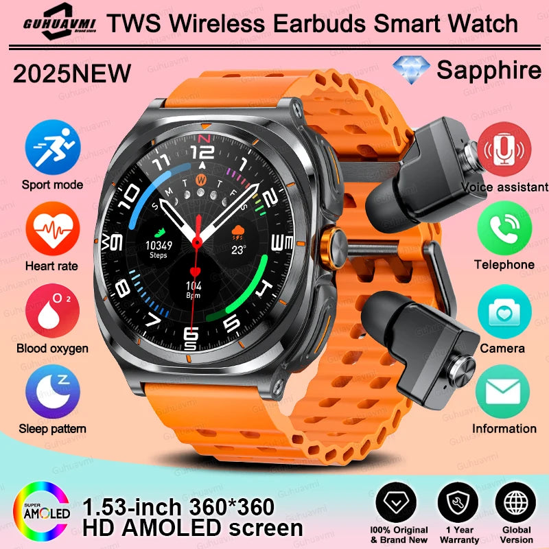 Men's Smart Watch TWS Headset Two In One Wireless Bluetooth Call Dual Earbuds Health Monitor Sport Tracker 400MAH Smartwatch