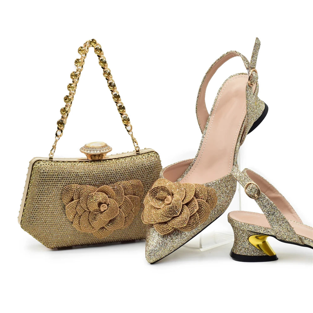 Designers Ladies Luxury Italian Party Shoes and Bag Set for Women Rhinestone-Decorated Suitable for Bride's Wedding