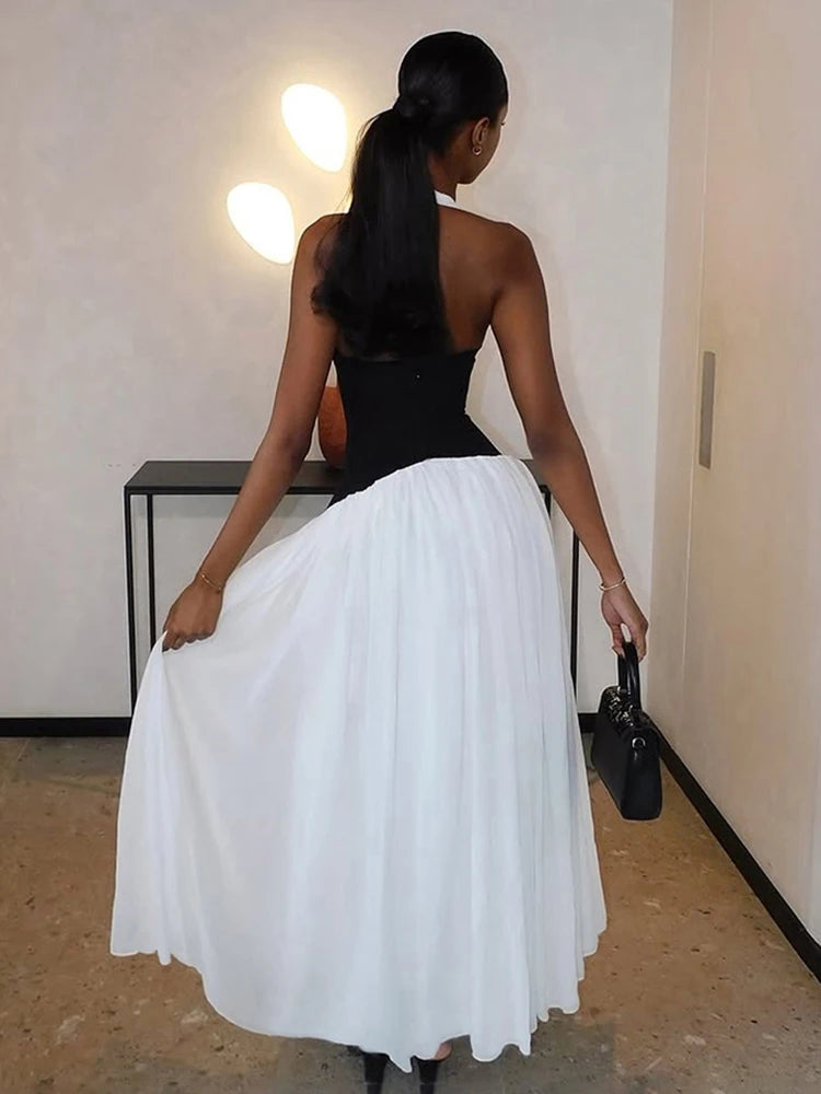 Elegant Contrast Patchwork Dress Women Halter Low-Neck Backless Ruched Ruffles Hem Vacation Beach Party Long Bodycon