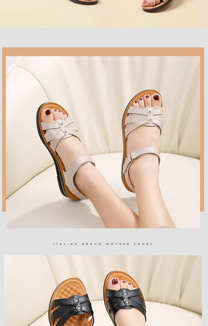 Women's Female Ladies Mother Genuine Leather Sandals Platform Shoes Non Slip Summer Cool Beach Hook Loop Plus Size 42 43