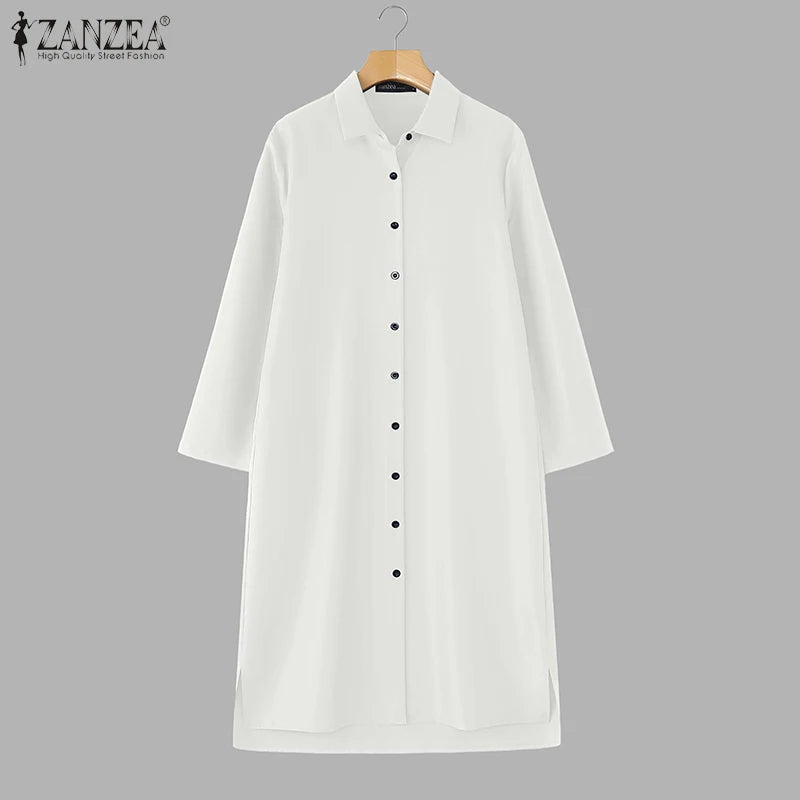 2025 Fashion Autumn Shirt Dress Women Lapel Neck 3/4 Sleeve Sundress Casual Loose OL Work Dresses Button Midi Robe Kaftan