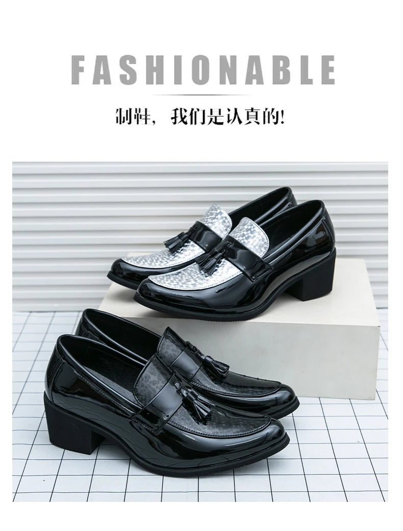 Height Increasing Male Formal Dress Shoes High Heel Men Popular Wedding Oxfords Black Silver Adult Leisure Casual Shoes