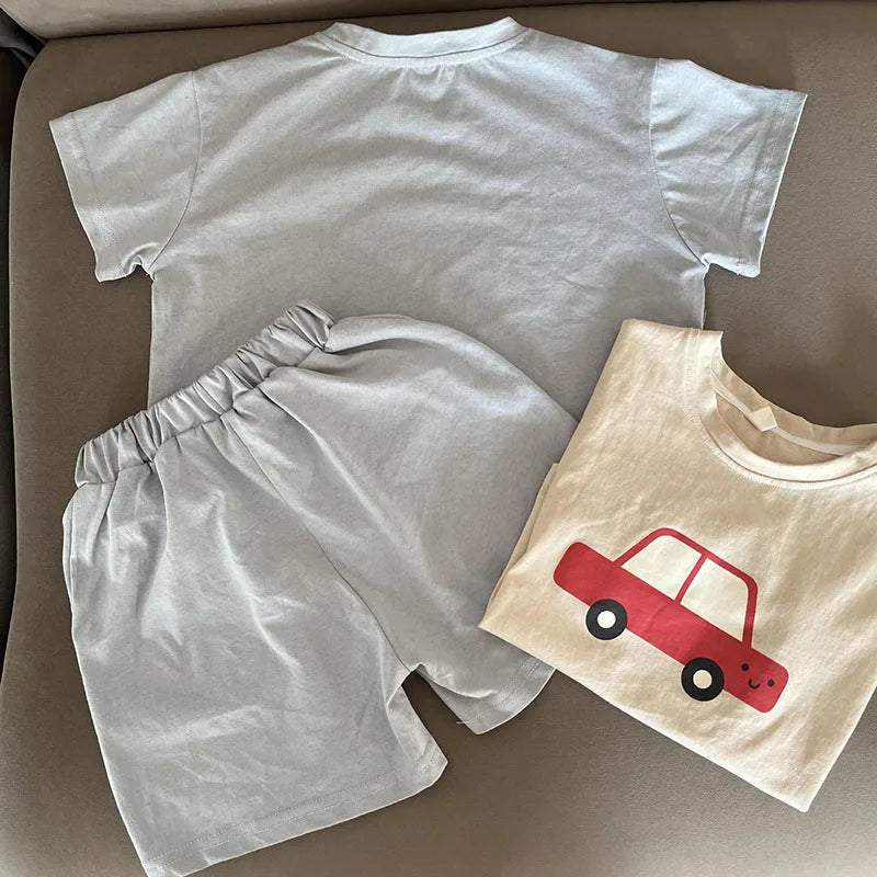 New Summer Kids Clothes Suit Children Cute Cartoon Car T-shirt + Shorts Boys Thin Style 2PCS Outfit 1-4Y Unisex