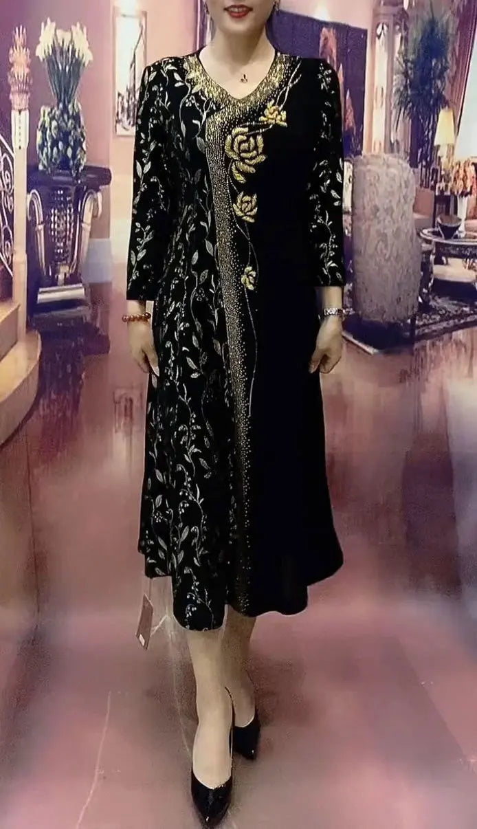 Commute Printed Elegant V-Neck Dresses Spring Autumn New A-Line Women's Clothing Long Sleeve Stylish Floral Diamonds Long Dress