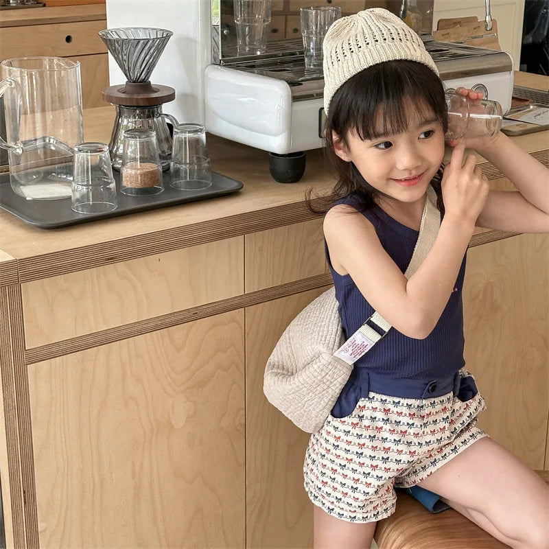 2025 Zomer Nieuwe Baby Meisjes Strik Print Shorts Katoenen Kinderen Losse Shorts Kinderen Veelzijdige Casual Broek Ademende Peuterkleding 4-6Y