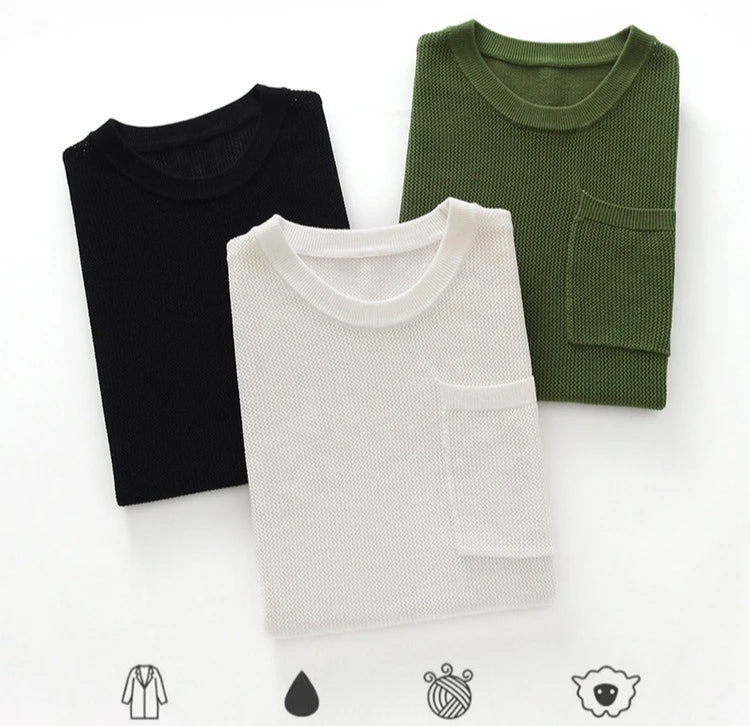 Men's 100% Cotton Pocket T-Shirt With Hollow-Out and Hollow O-neck Design, Breathable, Sweat-Wicking Daily Undershirt
