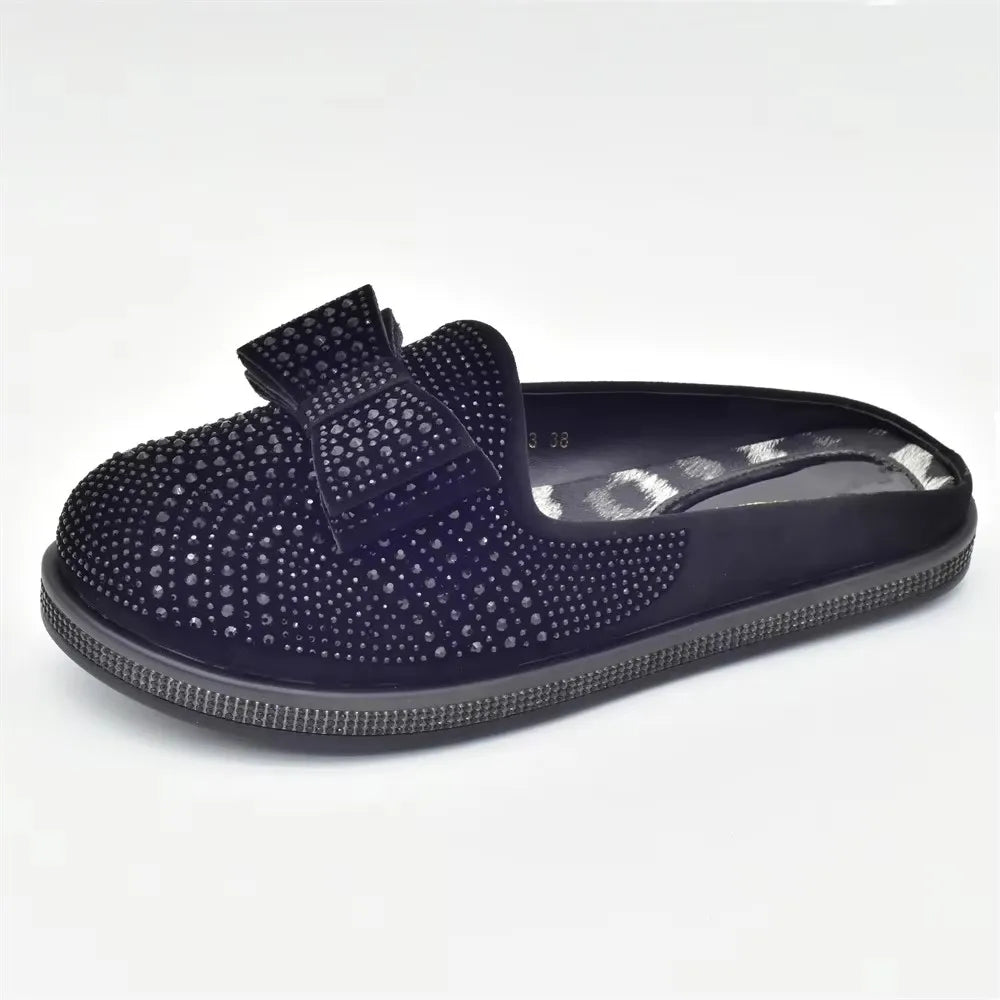 Bling Crystal Women Closed Toe Mules Half Close Slippers Thick Sole Light Weight Comfy Walking Shoes