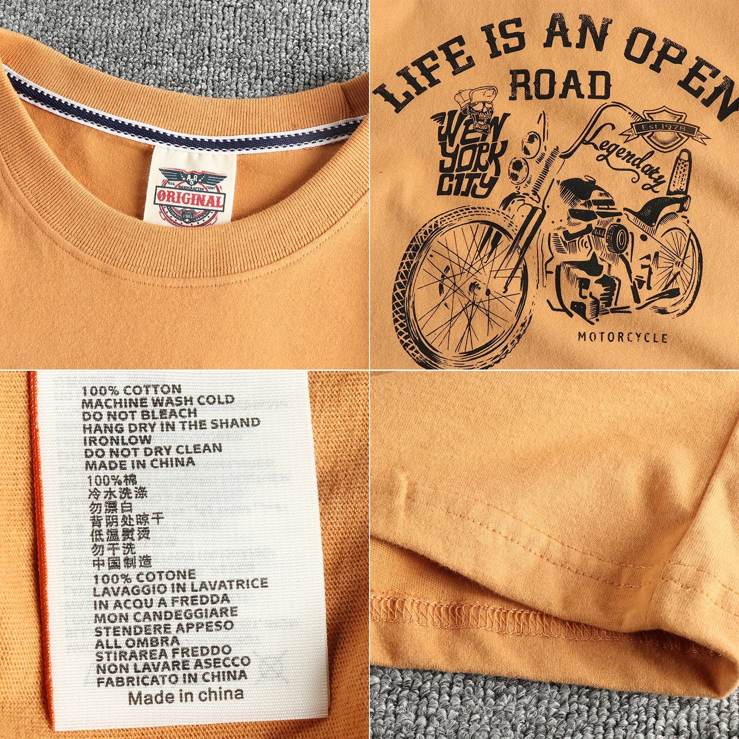 2025 Zomer Amerikaans Retro Korte Mouw O-hals Skelet Motorfiets Bedrukt T-shirt Herenmode 100% Katoen Gewassen Casual Tops