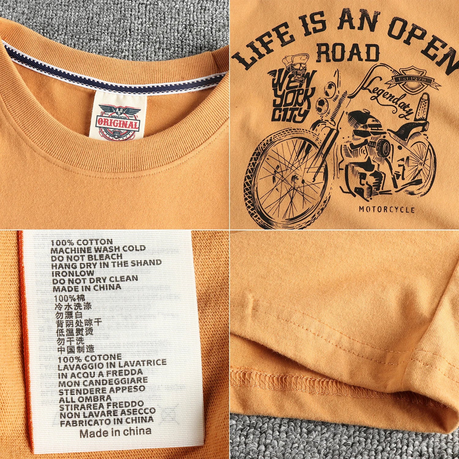 2025 Summer American Retro Short Sleeve O-neck Skeleton Motorcycle Printed T-shirt Men's Fashion 100% Cotton Washed Casual Tops