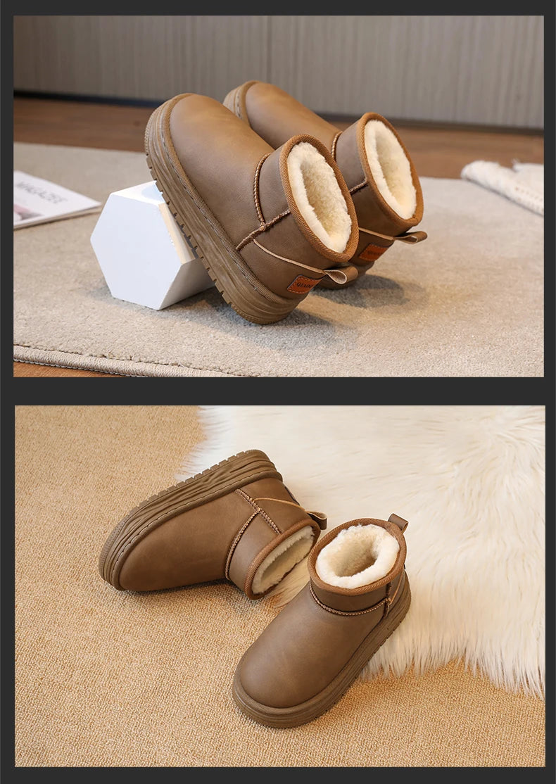 Kindersneeuwlaarzen met antislipbont en dikke zool voor meisjes, casual sportschoenen, damesmode, bruine enkellaarsjes, waterdicht en warm