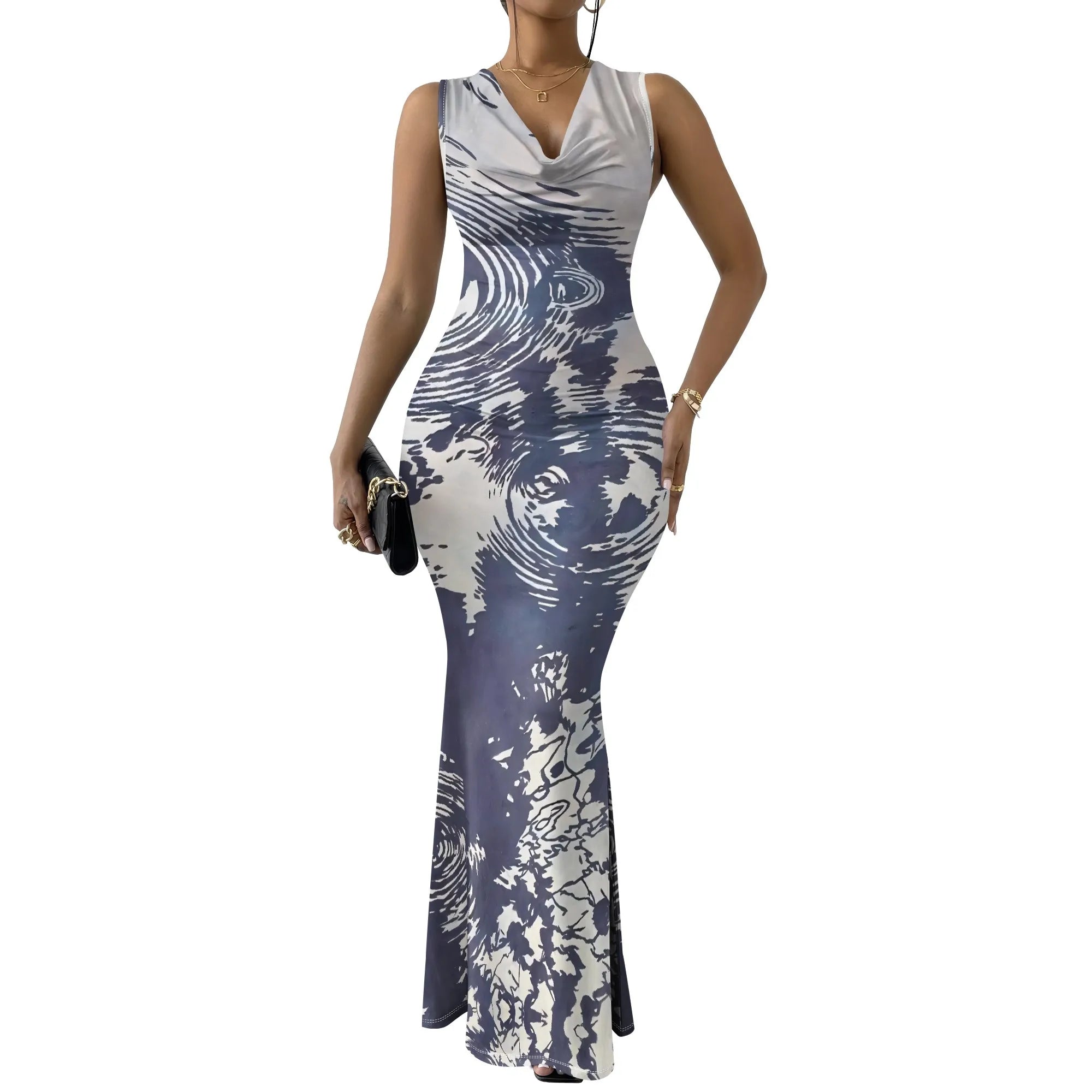 Women's V-Neck Sleeveless Maxi Dress Yellow Black Outline Floral Print Elegant Bodycon Summer Dress