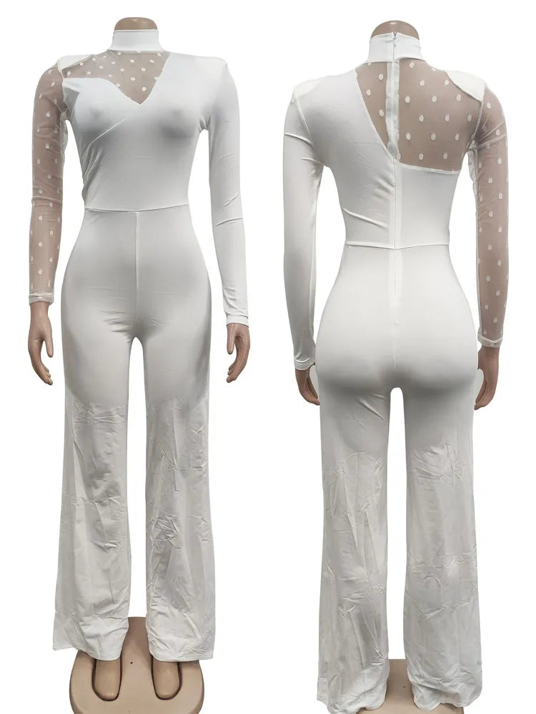 Women Dot Mesh Patchwork Long Sleeve Straight Jumpsuit
