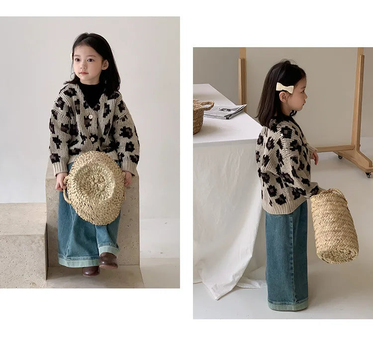 Girls' Autumn Vintage Korean Trendy Leopard Knit V-Neck Cardigan Coat For Children 1-7Y