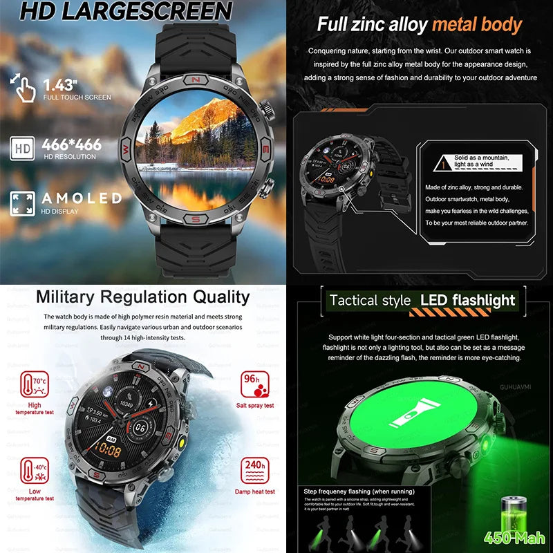 Outdoor Military Smart Watch Men Compass GPS Track Bluetooth Call IP68 Waterproof AMOLED Screen Smartwatch Compatible with Android IOS