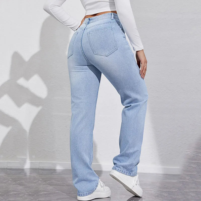 Nieuwe lichtblauwe gewassen denim broek voor dames, modieuze hoge taille rechte jeans, eenvoudige wijde broek, warme uitverkoop