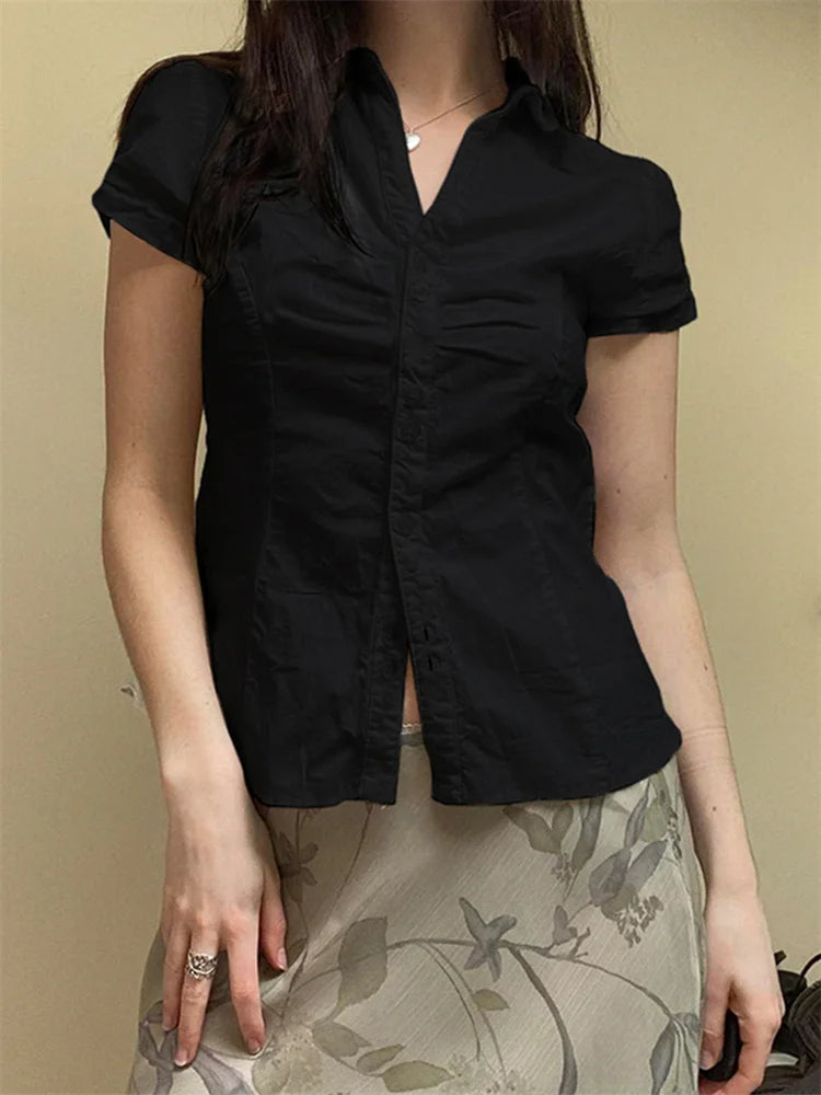 Women's Buttons Down Shirt, Short Sleeve Lapel Collar Back Tie-up, Slim Fit Tops For Summer Streetwear