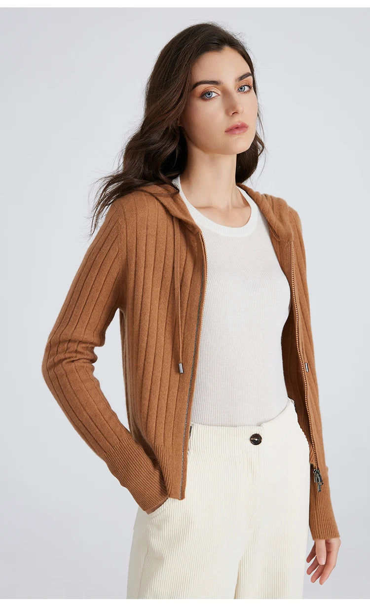 Women's High-Quality Winter Luxury Brand Long-Sleeved Hooded Cardigan & Knitted Sweater With 94% Cashmere For Ladies