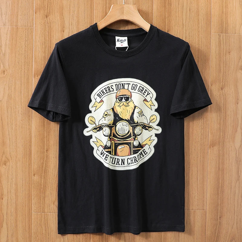 2025 Summer New American Retro 250g Short Sleeve O-neck Printed T-shirt Men's Fashion 100% Cotton Washed Casual Loose Tops