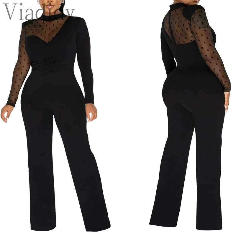 Women Dot Mesh Patchwork Long Sleeve Straight Jumpsuit