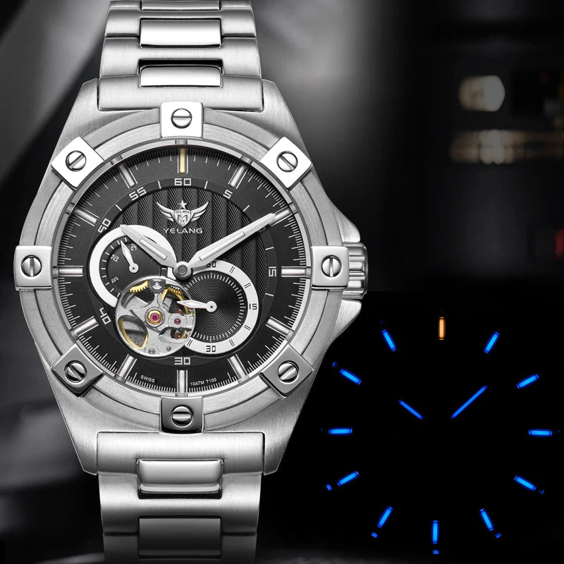 Yelang V1024 Men's 44mm Automatic Mechanical Watch Luminous 100m Water Resistant Japan Miyota 82S7 Movement Stainless Steel Band
